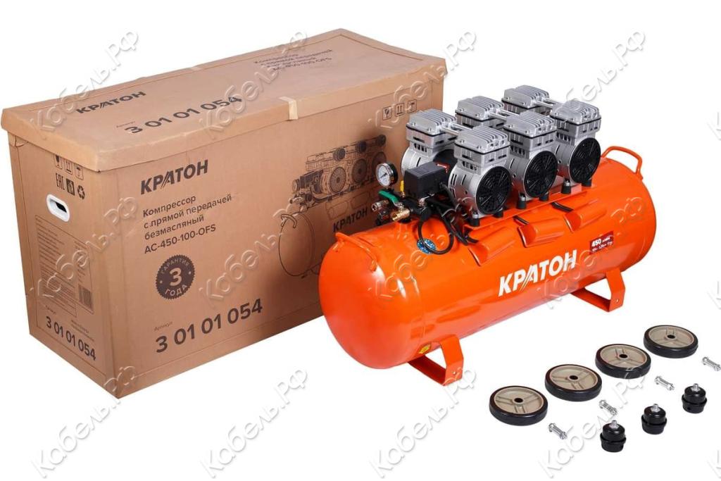 Изображение товара Компрессор поршневой безмасляный AC-450-100-OFS Кратон с колесами 100 л 2,25 кВт