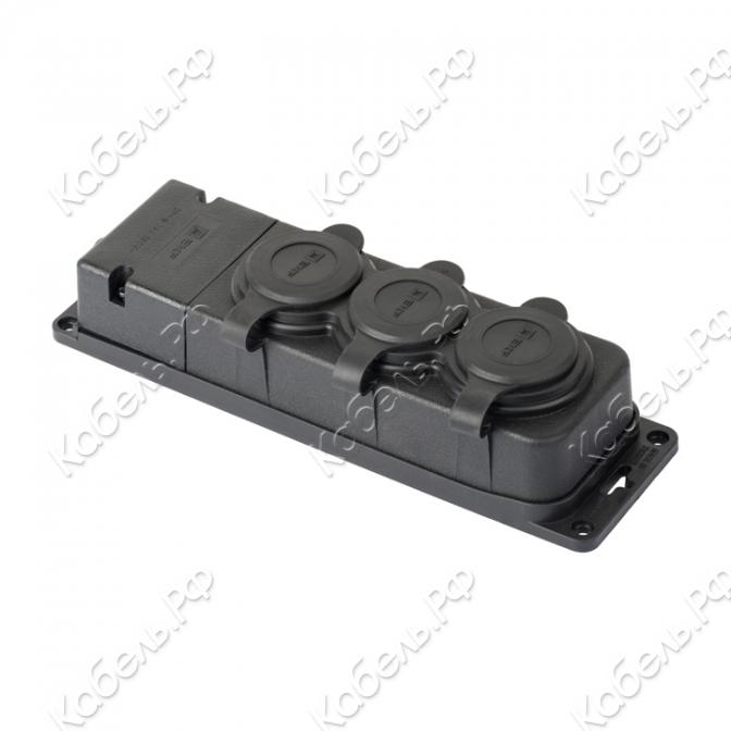 Изображение товара Розетка (колодка) трехмест. с защит. крышками каучуковая 230В 2P+PE 16A IP44 PRO EKF RPS-015-16-230-44-r