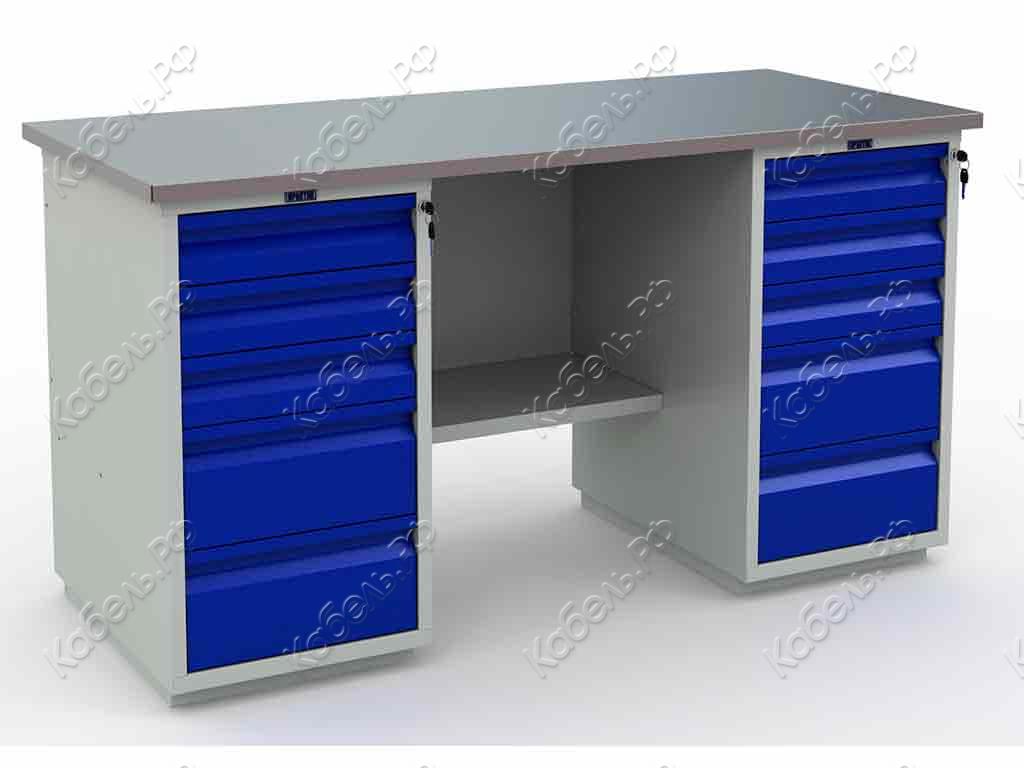 Изображение товара Верстак Profi №604 ПРАКТИК высоконагрузочный, металлический, с полками и МДФ столешницей