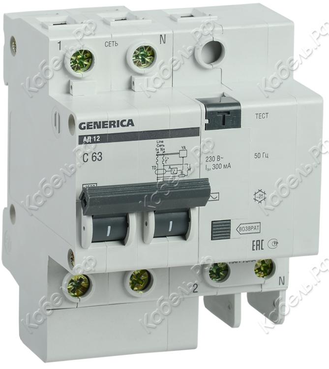 Изображение товара Дифференциальный автомат АД12 GENERICA 2п 63А C 300мА тип AC IEK