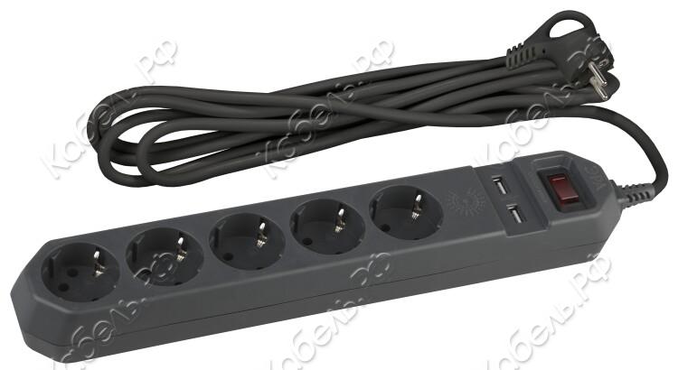Изображение товара Удлинитель с 5 розетками, USB, заземлением, 1.5м, IP20, черный, ЭРА Б0019036