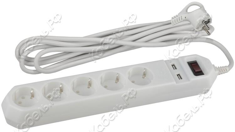 Изображение товара Удлинитель 5 гнездо 1,5м с USB и заземлением белый ЭРА Б0019037