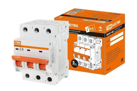 Изображение товара Автоматический выключатель ВА47-60 3Р 6А 6кА х-ка С TDM Electric SQ0223-0105