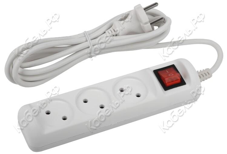 Изображение товара Удлинитель 3 гнез. 1,5м без заземл. с выкл. 10А IP20 ПВС 2х1мм2 ЭРА Б0044049