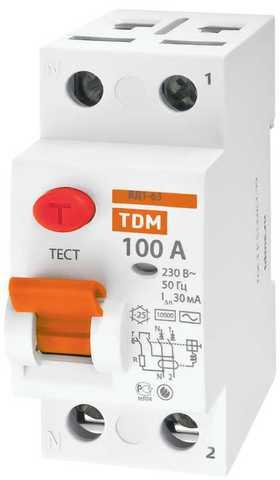 Изображение товара Дифференциальный выключатель (УЗО) ВД1-63 2п 100А 30мА тип AC TDM Electric SQ0203-0025