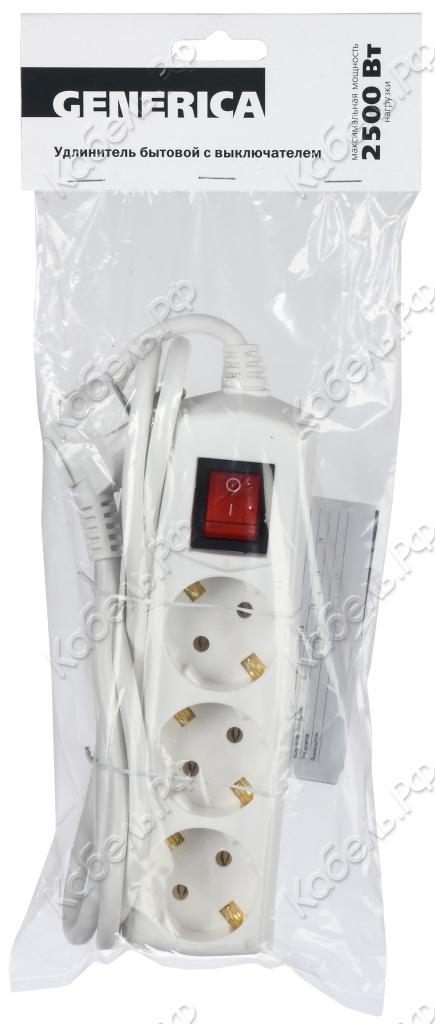 Изображение товара Удлинитель IEK GENERICA У03 3 гнезда, ПВС 3х1 1,5м с выключателем WYP10-10-03-D15-ZK-G