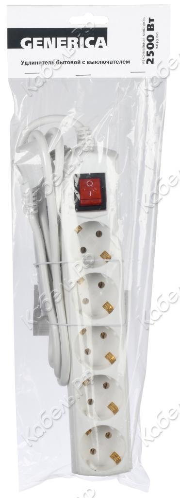 Изображение товара Удлинитель IEK GENERICA 5 гнезд, ПВС 3х1 5м с выключателем WYP10-10-05-05-ZK-G
