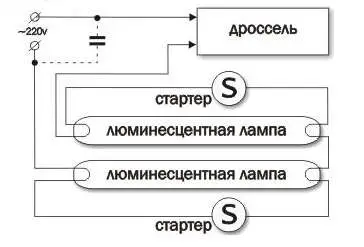Рисунок 3. Схема подключения двух люминесцентных ламп через стартер